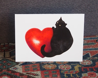 Black Cat Red Heart Valentine's Card