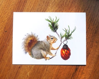 Squirrel with Red Orange Ornament Holiday Card