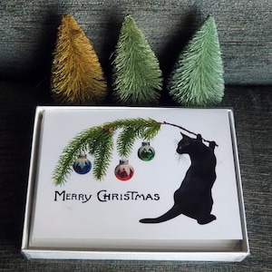 8 Black Cat Swag Christmas Cards, Boxed Set of Glittered Holiday Cat Cards