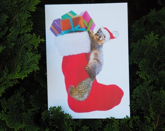 Squirrel Stocking Printable Christmas Card, Digital Christmas Squirrel Card
