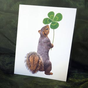 Lucky Squirrel Printable Saint Patrick Day Card, Four Leaf Clover Card, Digital Squirrel Shamrock Card