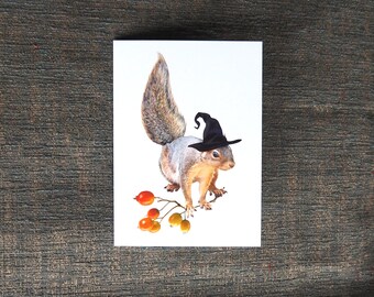 Squirrel Witch with Rose Hips Fall Card