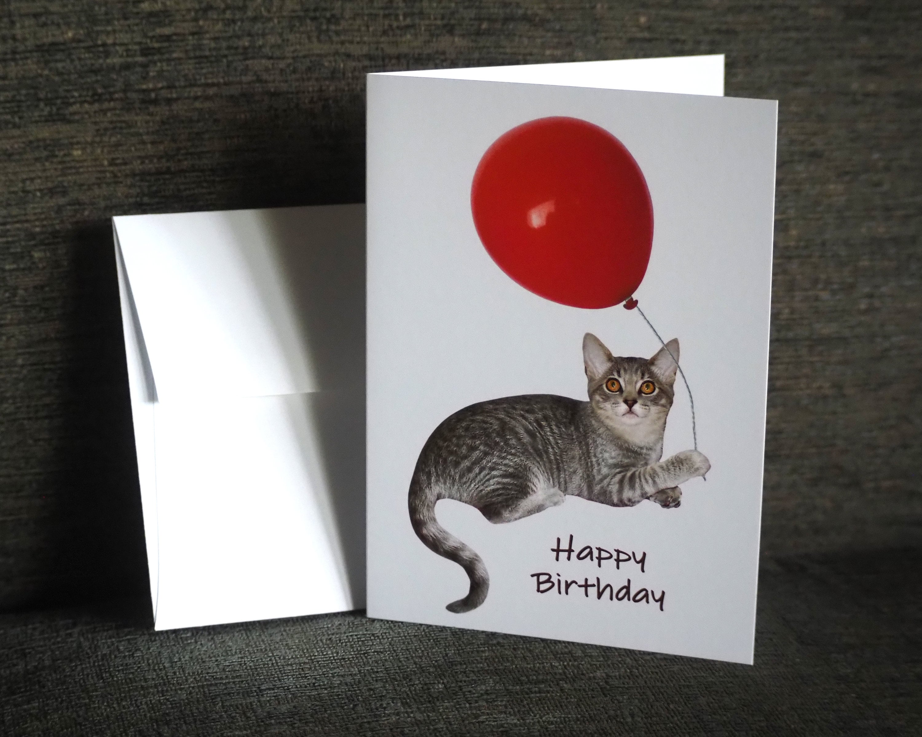 Cat With Red Balloon Birthday Card - Etsy