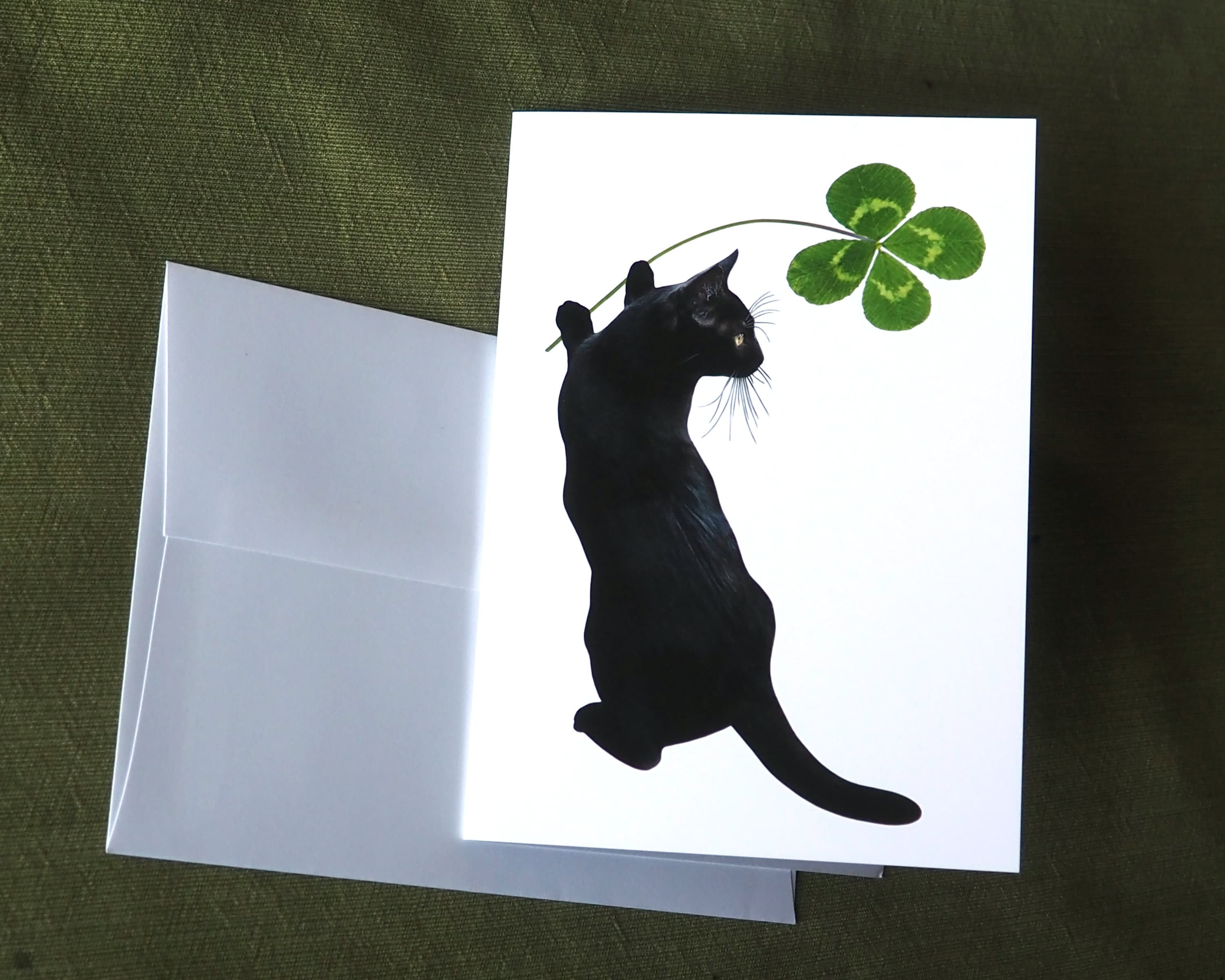 Lucky Black Cat With Four Leaf Clover Card - Etsy