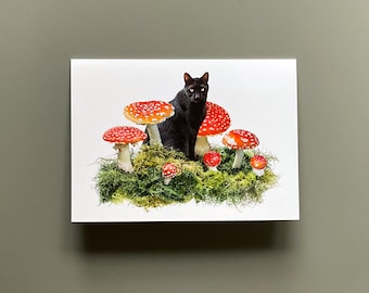 Cat with Red and White Mushrooms Card