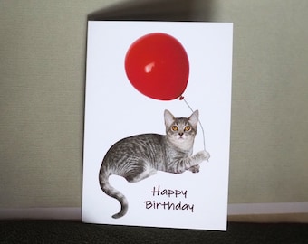 Cat with Red Balloon Birthday Card