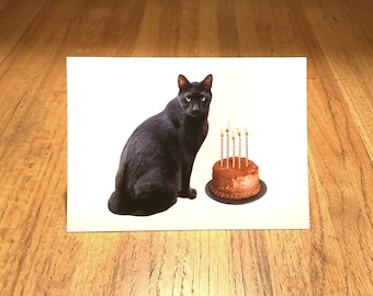 Black Cat with Chocolate Cake Birthday Card