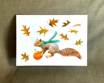 Squirrel with Scarf and Pumpkin Fall Leaves Card
