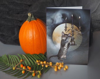 Cat with Candelabra and Moon Halloween Card