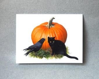 Black Cat, Crow and Pumpkin Halloween Card
