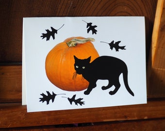 Small Black Cat with Pumpkin Printable Card, Black Cat Digital Halloween Card