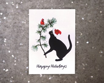 Black Cat with Red Bird Holiday Card, Cat Christmas Card