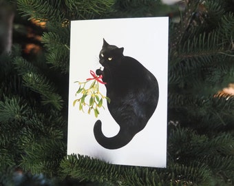 Black Cat with Mistletoe Holiday Card
