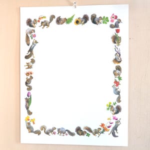 Écureuils avec fleurs bordure numérique, bordure écureuil imprimable