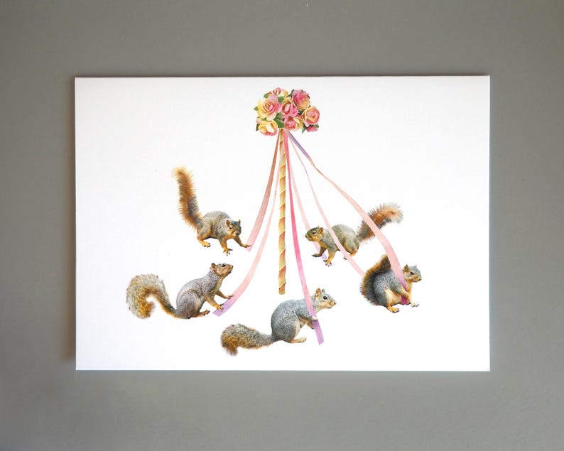 May include: Five gray squirrels are playing around a maypole decorated with pink and white ribbons and a bouquet of pink and yellow flowers.