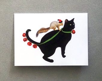 Squirrel on Black Cat with Red Bells Christmas Card