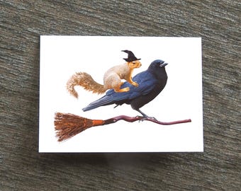 Witch Squirrel on Crow and Broom Halloween Card
