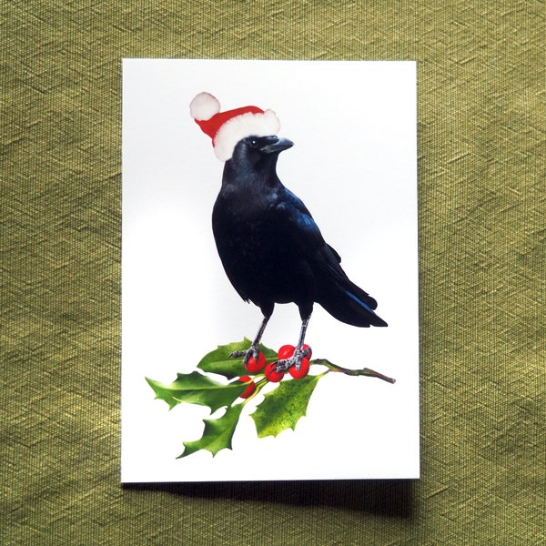 Santa Crow with Holly Christmas Card