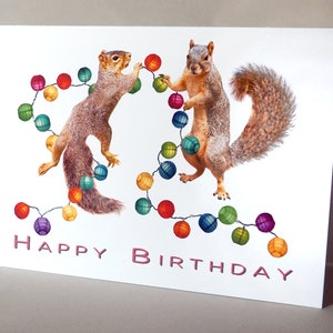 Squirrels with Party Lights Birthday Card