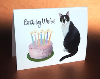 Cat with Cake Printable Birthday Card, Digital Cat Birthday Card