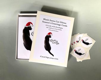 Black Cat Santa Glittered Christmas Cards, Box of 8