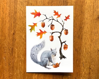 Gray Squirrel Under Oak Tree Fall Card