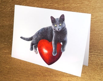Gray Kitten with a Red Heart Card, Cat Love Valentine's Day Card