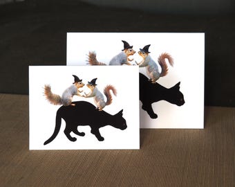 Squirrel Witches on Black Cat Halloween Card (Printable Digital Download)