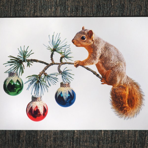 Squirrel with Glittered Ornament Swag, Squirrel Holiday Glitter Card