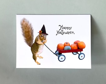 Squirrel with Red Wagon Full of Pumpkins Halloween Card