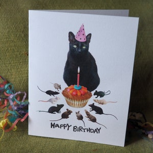 Cartão de feliz aniversário para impressão de ratos de gato preto