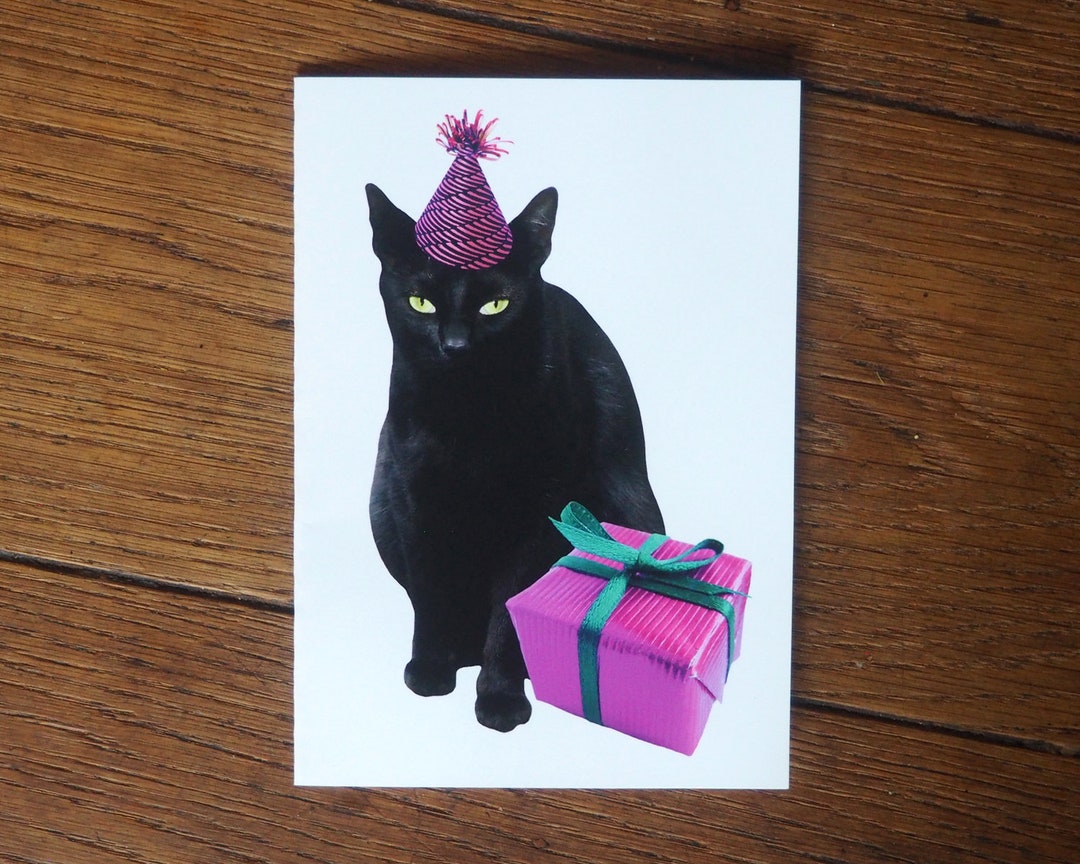 Black Cat Present Printable Birthday Card - Etsy