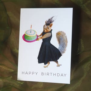 Squirrel in Dress with Cake Birthday Card, Squirrel Birthday Card