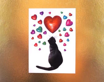 Black Cat Valentine's Day Card, Colorful Hearts Anniversary Card