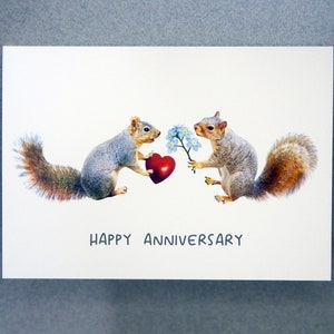 Carte d'anniversaire écureuils avec coeur et fleurs