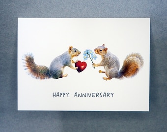 Squirrels with Heart and Flowers Anniversary Card
