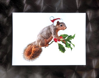 Santa Squirrel with Holly Christmas Card, Squirrel Holiday Card