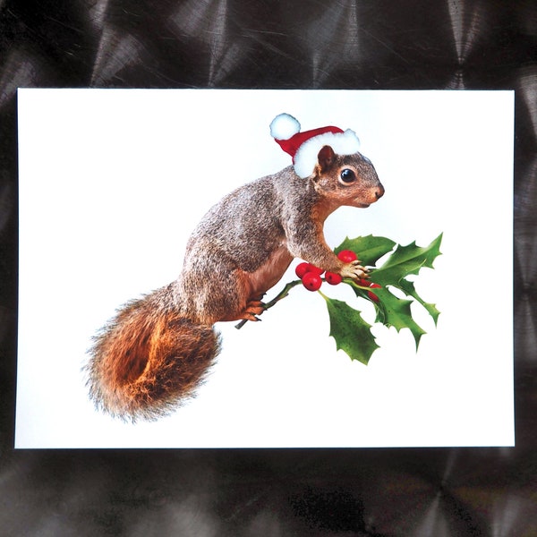 Santa Squirrel with Holly Christmas Card, Squirrel Holiday Card