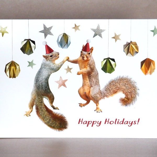 Squirrels with Stars and Gold Balls Happy Holidays Card