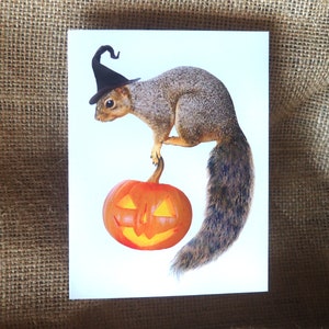 Witch Squirrel with Jack-o-Lantern Printable Halloween Card, Digital Squirrel Halloween Card image 1