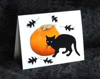 Black Cat Halloween Card, Pumpkin, Falling Leaves Digital Download