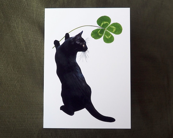 Lucky Black Cat With Four Leaf Clover Card - Etsy