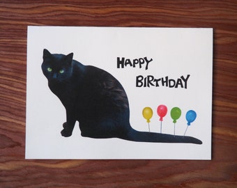 Black Cat with Balloons Printable Birthday Card, Cat Birthday Card