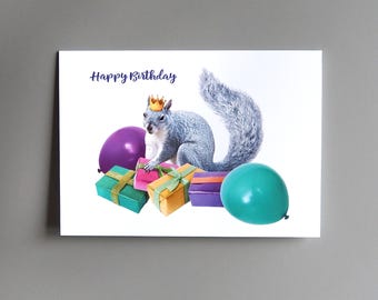 Gray Squirrel with Presents Birthday Card