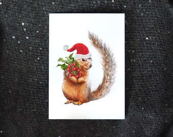 Squirrel with Holly Bunch Glitter Christmas Card