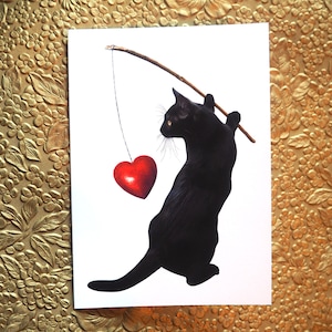 Carte coeur de pêche chat noir, carte Saint Valentin chat