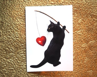 Black Cat Fishing Heart Card, Cat Valentine's Day Card
