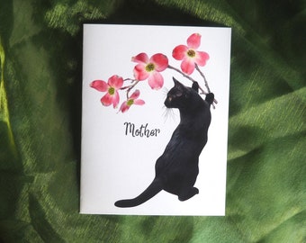 Cat with Pink Dogwood Flowers Printable Mother's Day Card, Digital Cat Mother Card