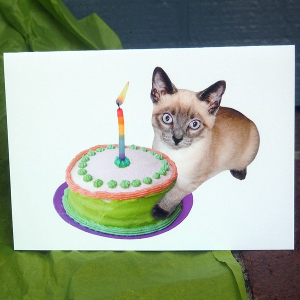 Siamese Kitten Cake Printable Birthday Card, Digital Cat Birthday Card