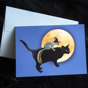 Carte Halloween sorcière écureuil sur chat